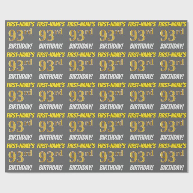 Papier Cadeau Gris, Or Faux/Imitation, "93e ANNIVERSAIRE" (Plat)
