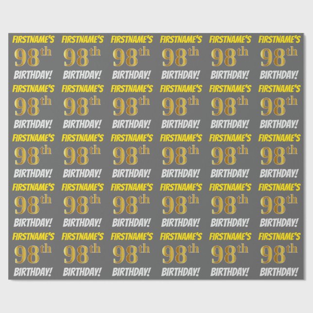 Papier Cadeau Gris, Or Faux/Imitation, "98e ANNIVERSAIRE" (Plat)