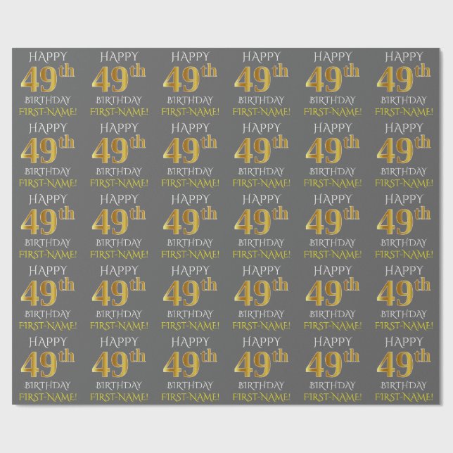 Papier Cadeau Gris, Or Faux "JOYEUX 49e ANNIVERSAIRE" (Plat)