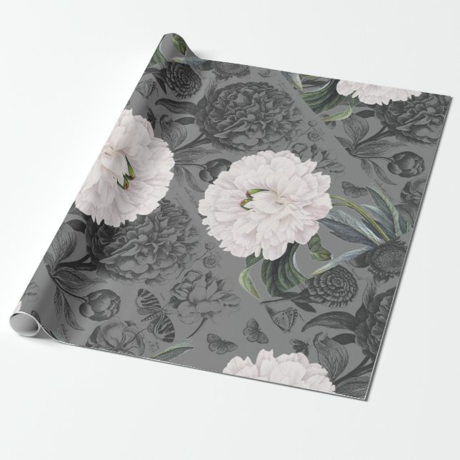 Papier Cadeau Gris romantique de pivoine blanche (Déroulé)