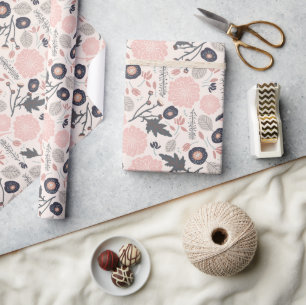 Papier Cadeau Gris rose Noir Botanique Motif Floral