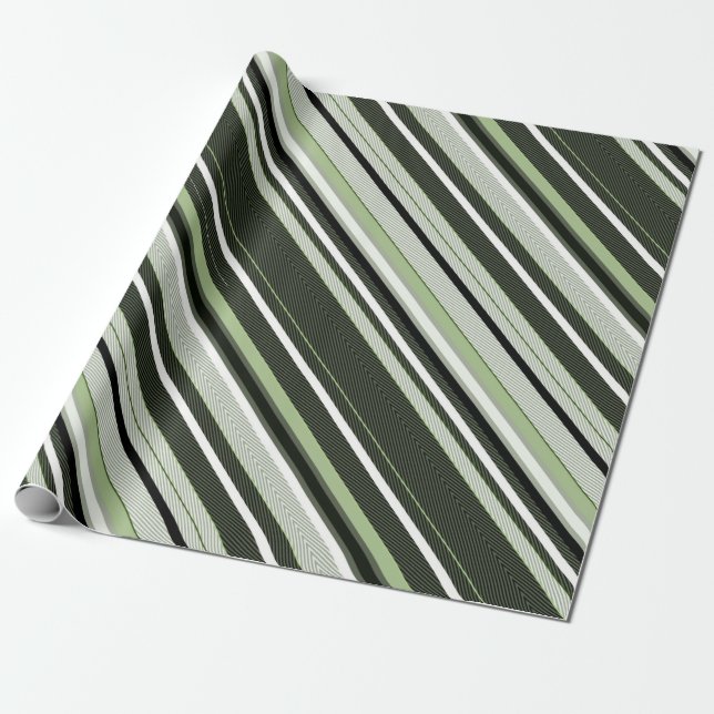 Papier Cadeau Gris, vert, rayures blanches. (Déroulé)