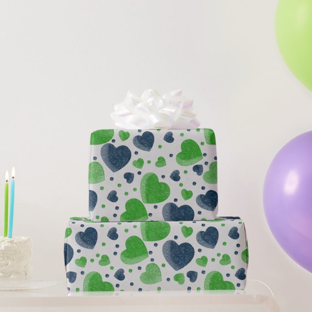 Papier Cadeau Gritty Love coeurs vert et bleu (Cadeaux de fête)