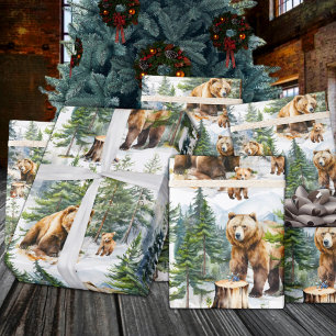 Papier Cadeau Grizzly Bear Family Roam A Winter Woodland Forest