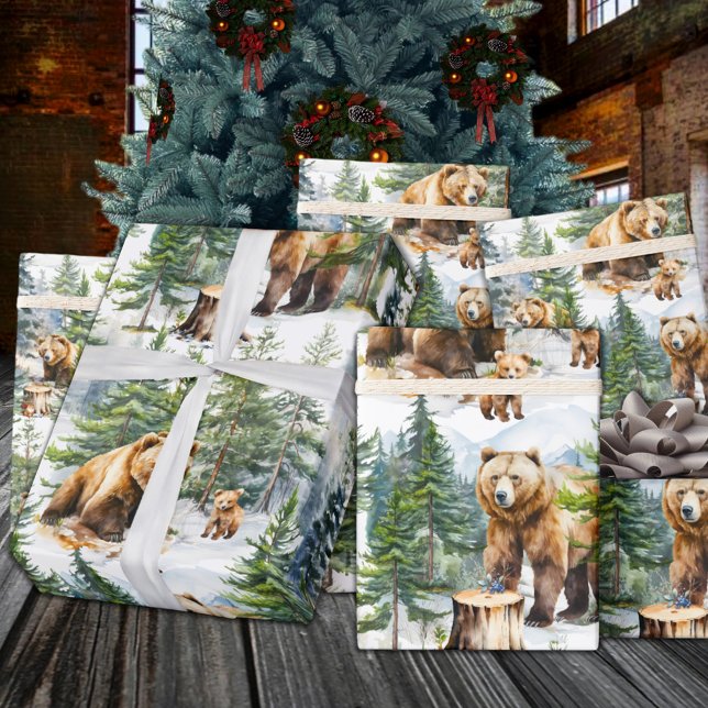 Papier Cadeau Grizzly Bear Family Roam A Winter Woodland Forest (Grizzly Bear Family Roam A Winter Woodland Forest Wrapping Paper)