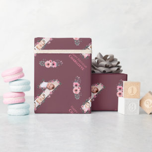 Papier Cadeau Gros 1er anniversaire fille photo Collage Fleur ro