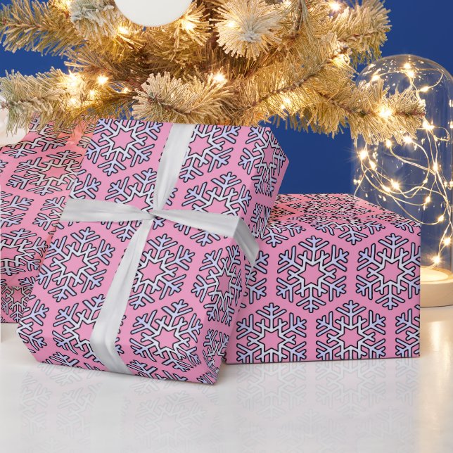 Papier Cadeau Gros flocons d'argent sur rose (Vacances)