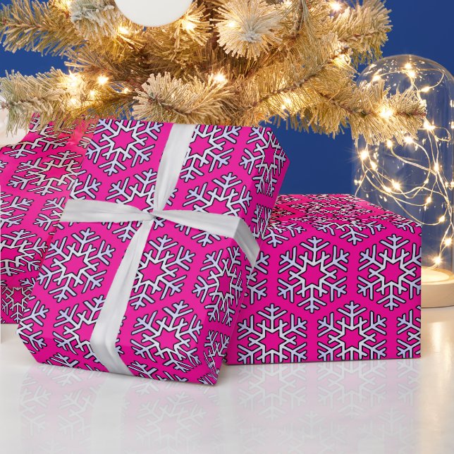 Papier Cadeau Gros flocons d'argent sur rose chaud (Vacances)