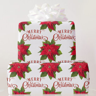 Papier Cadeau Gros Gras Poinsettia Rouge Joyeux Noël Blanc