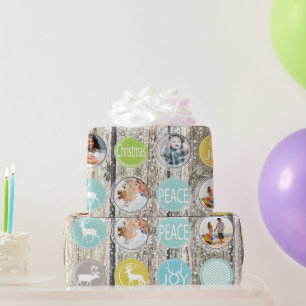 Papier Cadeau Grotte Rustique Bois Famille Photo Reindee Noël