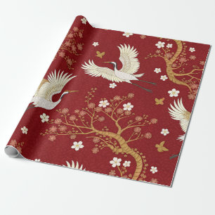 Papier Cadeau Grue couronnée rouge motif Sakura (1)
