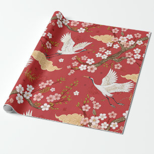 Papier Cadeau Grue couronnée rouge motif Sakura (2)