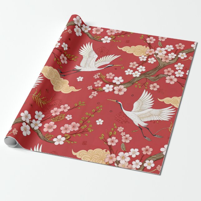 Papier Cadeau Grue couronnée rouge motif Sakura (2) (Déroulé)