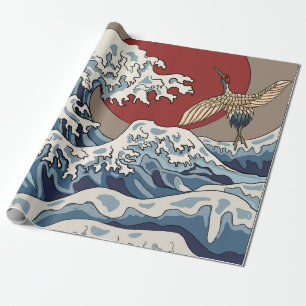 Papier Cadeau Grue et illustration de vague japonaise C traditio