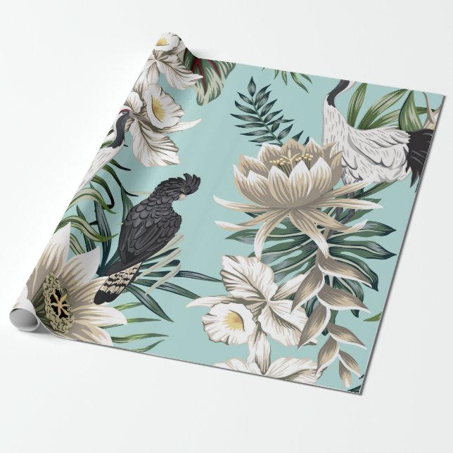 Papier Cadeau Grue vintage tropicale, perroquet, lotus flowe (Déroulé)