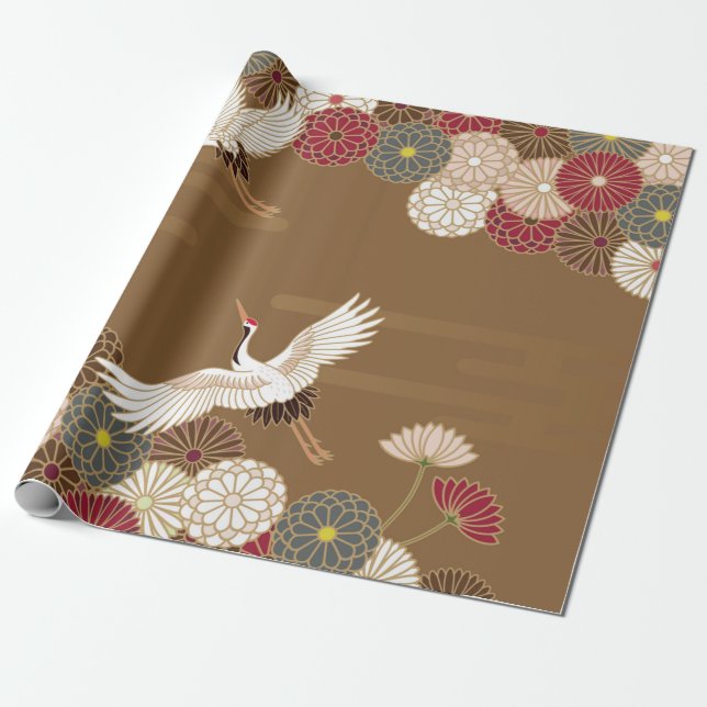 Papier Cadeau Grues et chrysanthèmes japonais traditionnel pat (Déroulé)