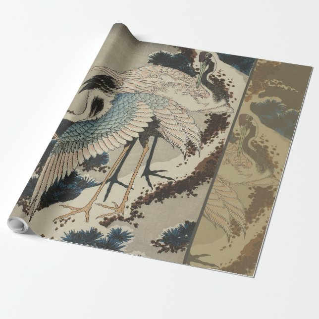 Papier Cadeau Grues sur un pin couvert de neige Hokusai (Déroulé)