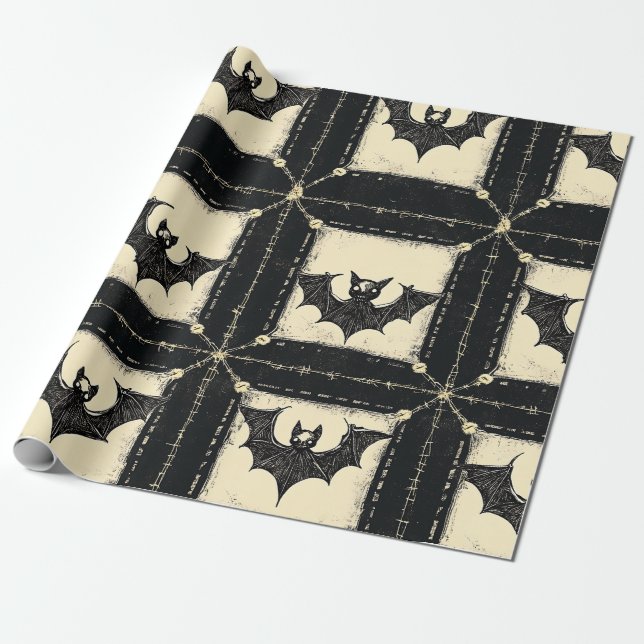 Papier Cadeau Grunge Denim Halloween Patchwork avec chauves-sour (Déroulé)