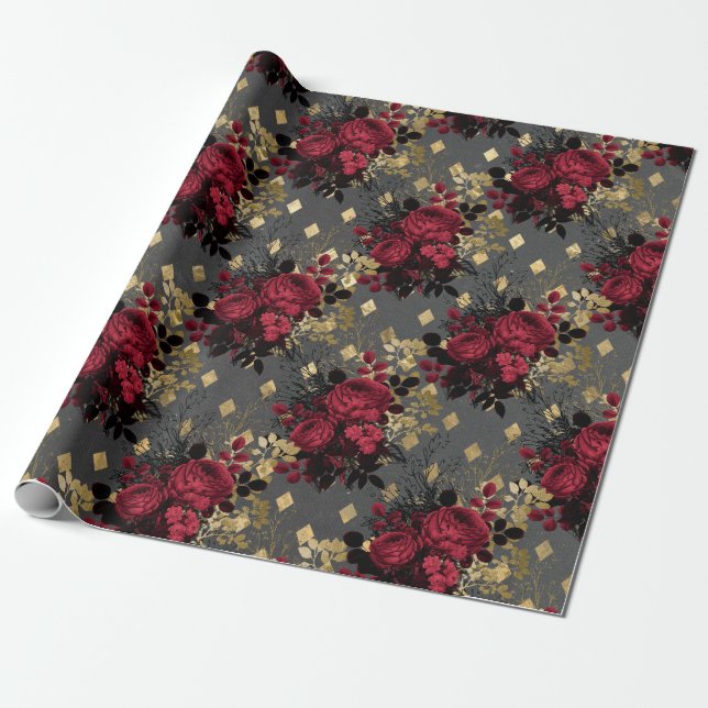 Papier Cadeau Grunge gothique d'or Motif floral de Noël (Déroulé)