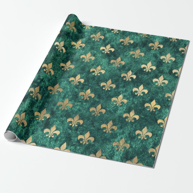 Papier Cadeau Grunge Green Velvet Fleur De Lis Mardi Gras (Déroulé)