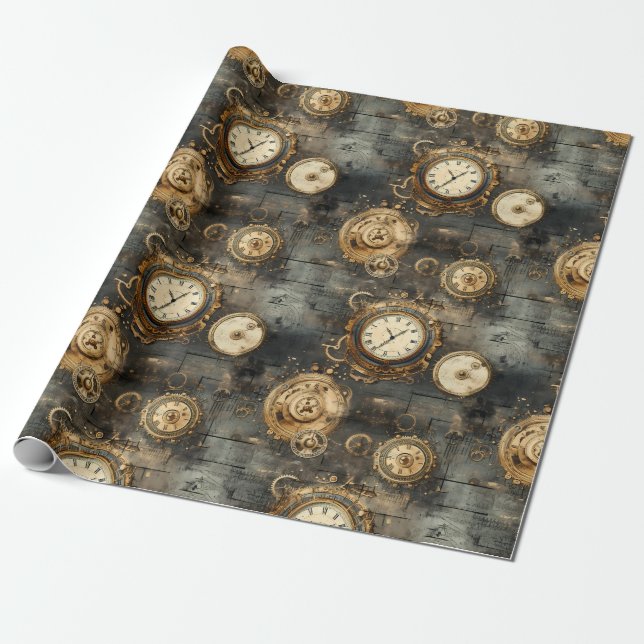 Papier Cadeau Grunge Rustic Steampunk Horloge (8) (Déroulé)