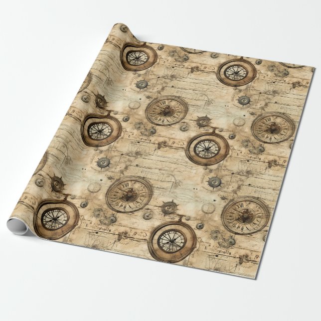 Papier Cadeau Grunge Rustic Steampunk Horloge (9) (Déroulé)