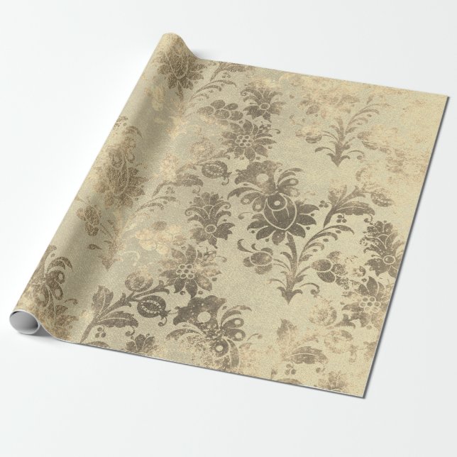 Papier Cadeau Grungy Grungy Florale Sepia Champagne Gold (Déroulé)