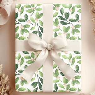 Papier Cadeau Gui de gui à l'aquarelle Élégant floral vert de fê