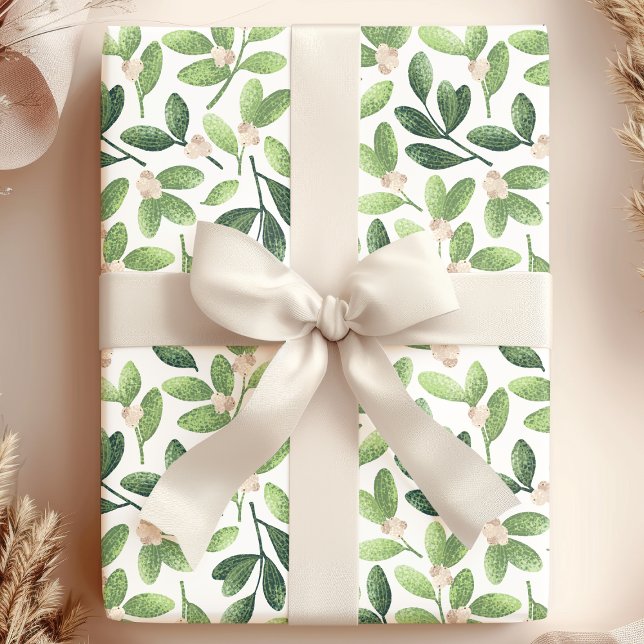 Papier Cadeau Gui de gui à l'aquarelle Élégant floral vert de fê (Créateur téléchargé)