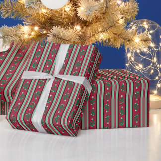 Papier Cadeau Gui et houx – Rayure festive de gui