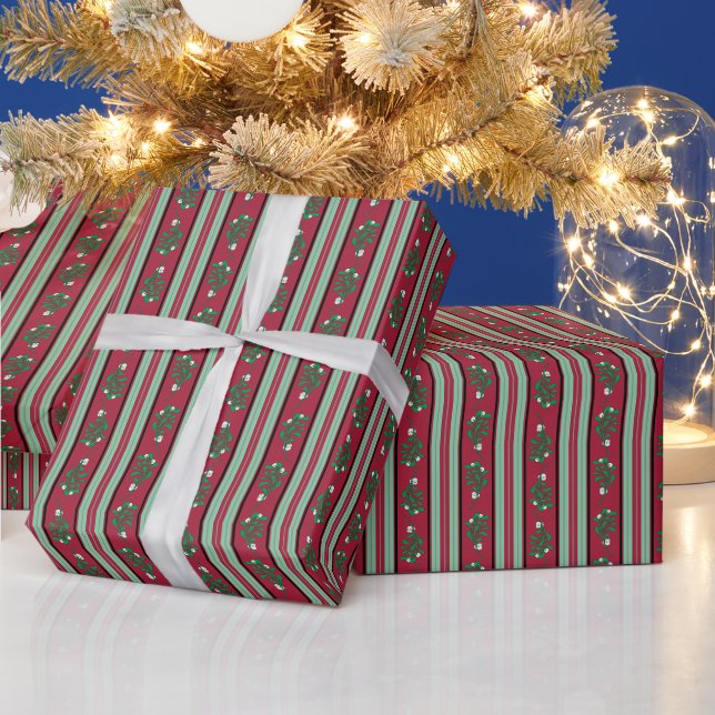 Papier Cadeau Gui et houx – Rayure festive de gui (Vacances)