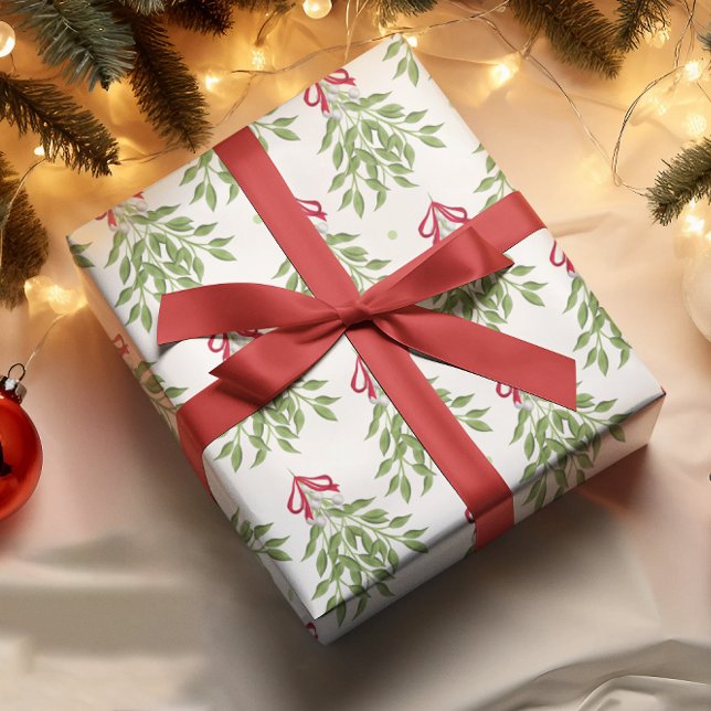 Papier Cadeau Gui joyeux avec baies blanches (Mistletoe holiday Christmas wrapping paper roll)