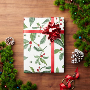 Papier Cadeau Guimauve de gui rouge baie blanche aquarelle