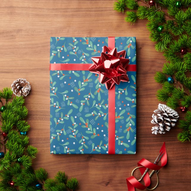 Papier Cadeau Guirlande de Noël avec baies de houx bleu rouge bl (Cadeau de vacances)