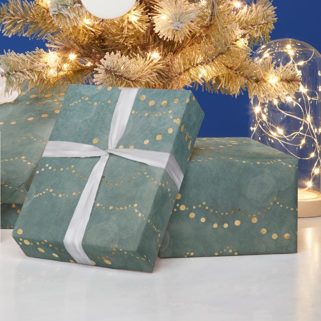 Papier Cadeau Guirlande de Noël élégante dorée et sarcelle  (Vacances)