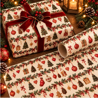Papier Cadeau Guirlande de Noël vintage à feuilles persistantes