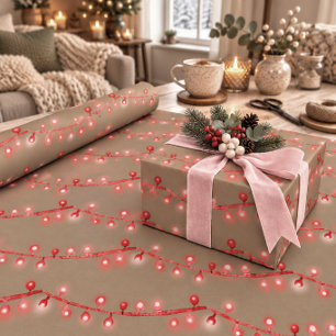 Papier Cadeau Guirlande lumineuse de Noël rose et rouge Rustic K