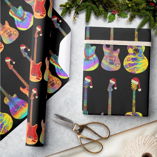 Papier Cadeau Guitares Acoustiques Électriques Noël Coloré  (Christmas guitars wearing santa hats pattern black holiday wrapping paper for guitarist musicians )