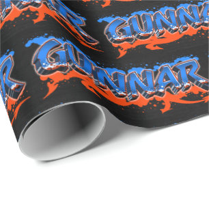 Papier Cadeau Gunnar prénom nom graffiti bleu orange