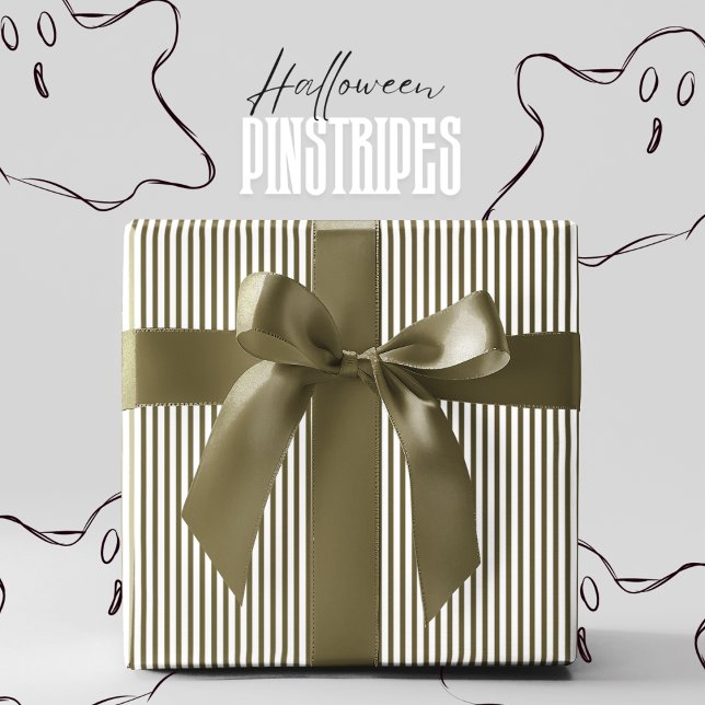 Papier Cadeau Halloween à rayures blanches et vertes de la forêt (Elegant Halloween Pinstripes Wrapping Paper in Haunted Forest Green for Fall Birthday & Autumn Party)