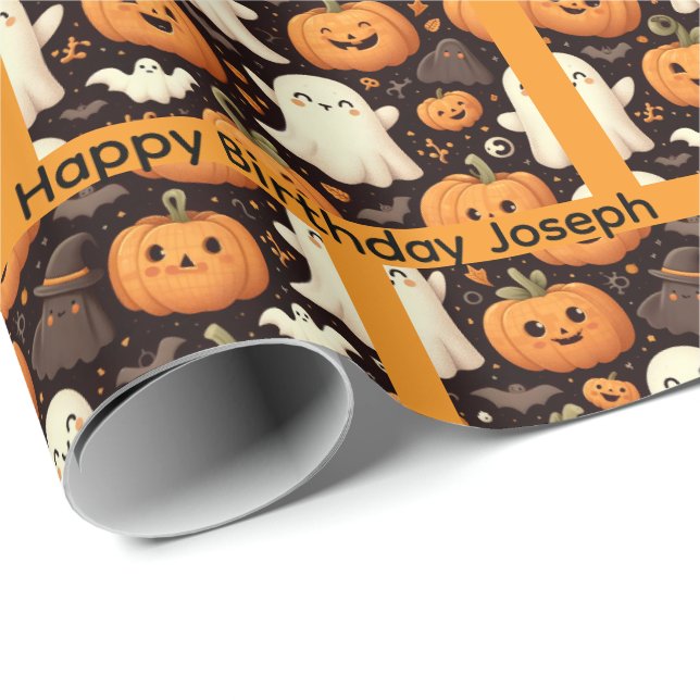 Papier Cadeau Halloween Anniversaire Personnaliser Nom Garçon ou (Coin rond)