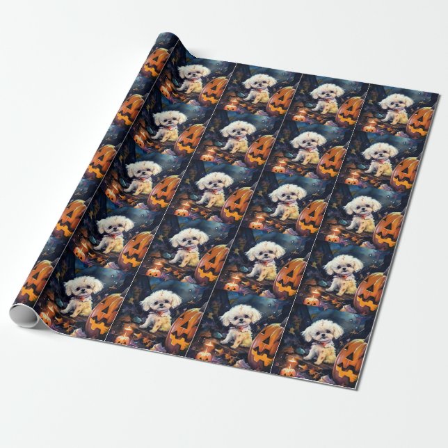 Papier Cadeau Halloween Bichon Frise Avec La Peur Citrouille (Déroulé)
