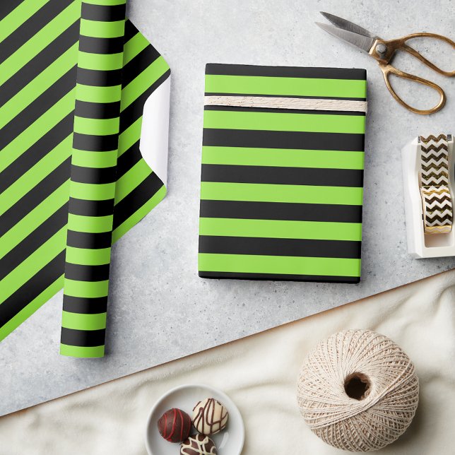 Papier Cadeau Halloween Black Green Stripes Anniversaire Custom  (Halloween Black Green Stripes Birthday Custom Text Wrapping Paper)