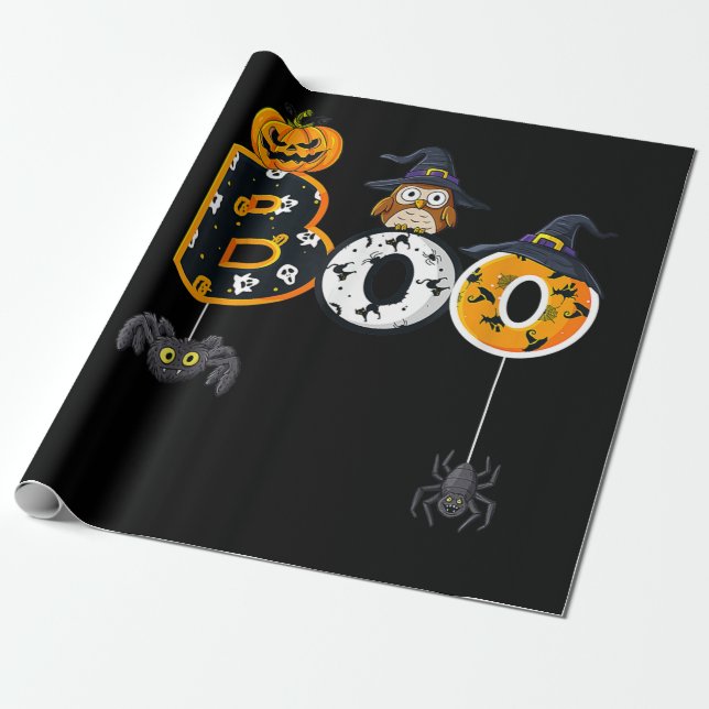 Papier Cadeau Halloween Boo Owl Avec Sorcière Casquette Araignée (Déroulé)