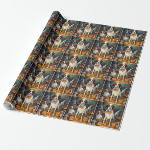 Papier Cadeau Halloween Brittany Spaniel avec citrouilles effray