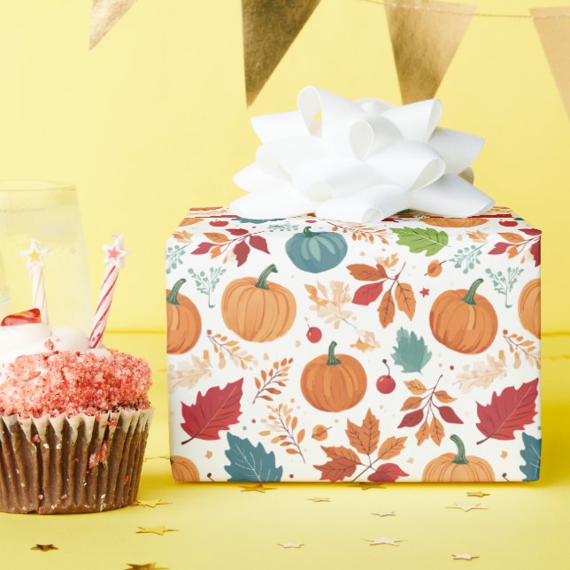 Papier Cadeau Halloween Citrouille et feuille colorés (Fête d'anniversaire)
