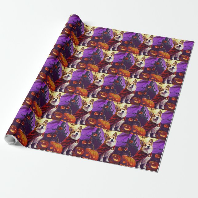 Papier Cadeau Halloween Corgi Vampire Citrouilles Épouvantable (Déroulé)