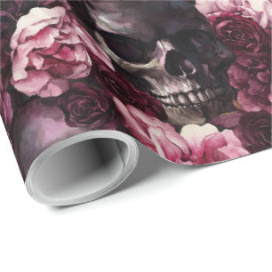 Papier Cadeau Halloween Crâne de Rose à l'aquarelle Élégant