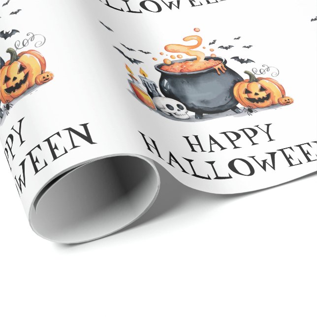 Papier Cadeau Halloween crâne Éffrayant Citrouille Bats Cauldron (Coin rond)