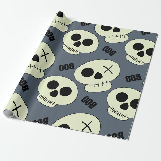 Papier Cadeau Halloween crâne mignon avec boo enfant sans soudur (Déroulé)